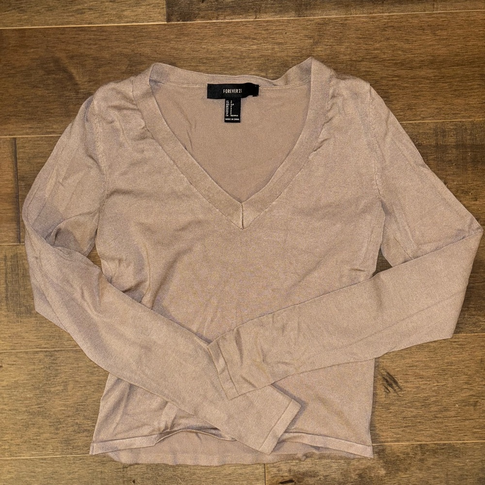 Forever 21 Women's Beige V-Neck Long Sleeve Top